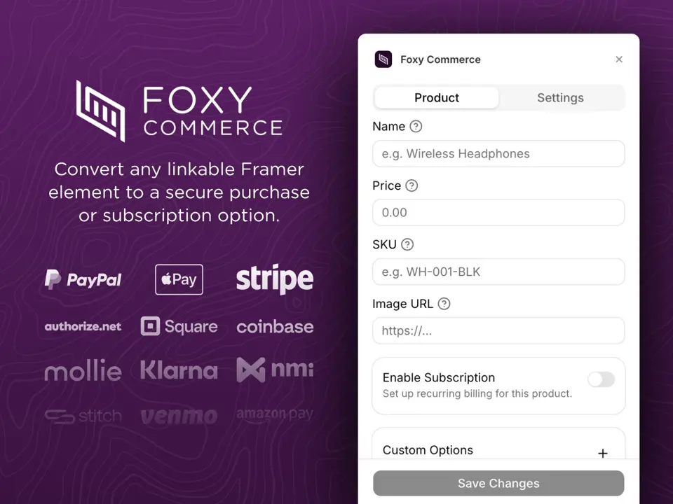 Screenshot of the Foxy Commerce plugin for Framer