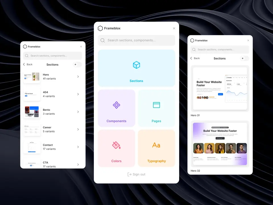 Screenshot of the Frameblox plugin for Framer