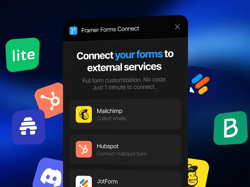 Framer Forms Connect plugin interface showing integration options