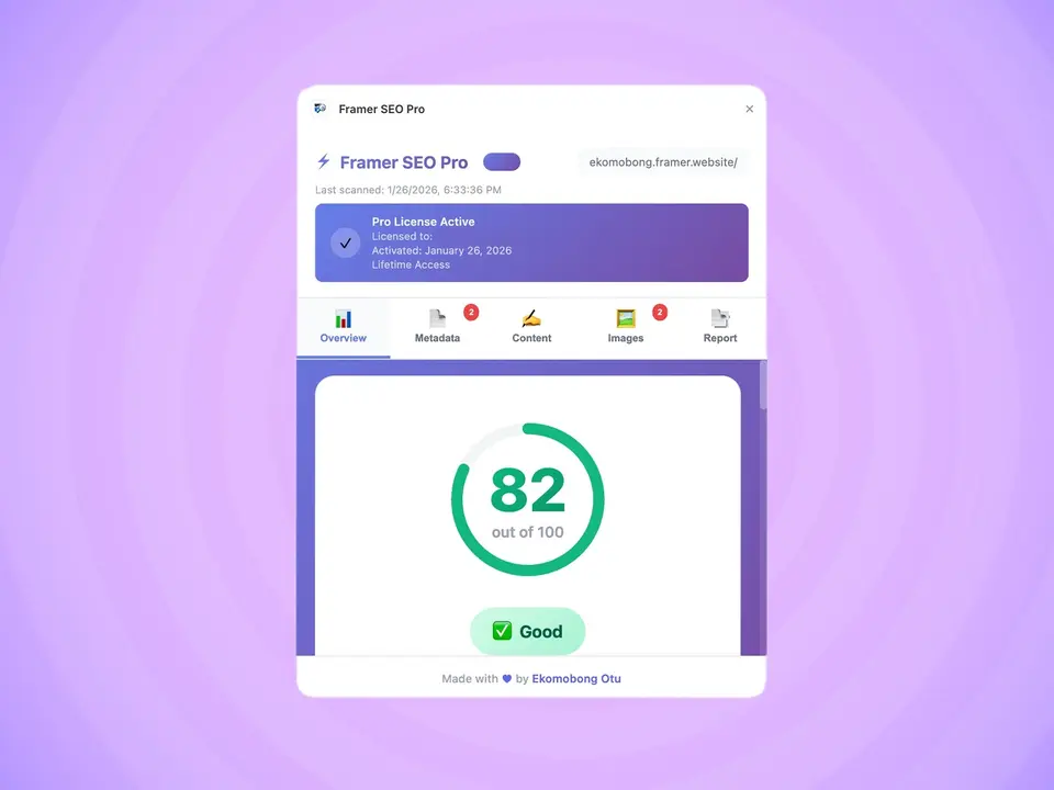 Screenshot of the Framer SEO Pro plugin interface