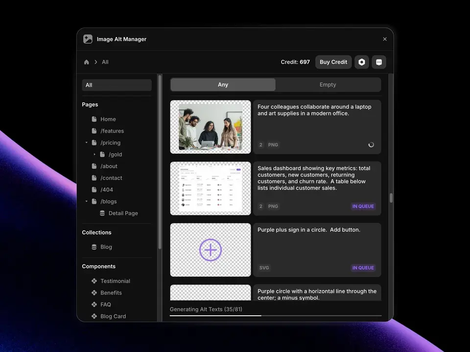 Screenshot of the Image Alt Manager plugin for Framer
