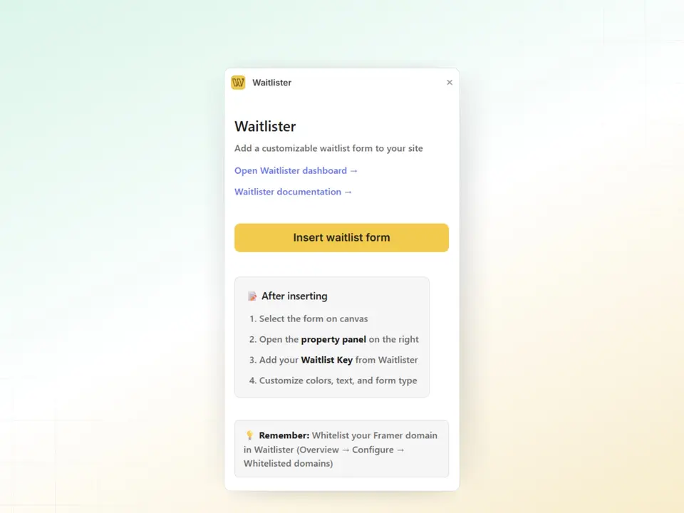 Screenshot of the Waitlister plugin for Framer